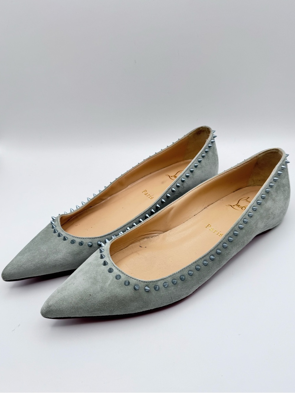 Christian Louboutin Anjalina Studded Flats Gray Suede Silver Spikes 37.5
